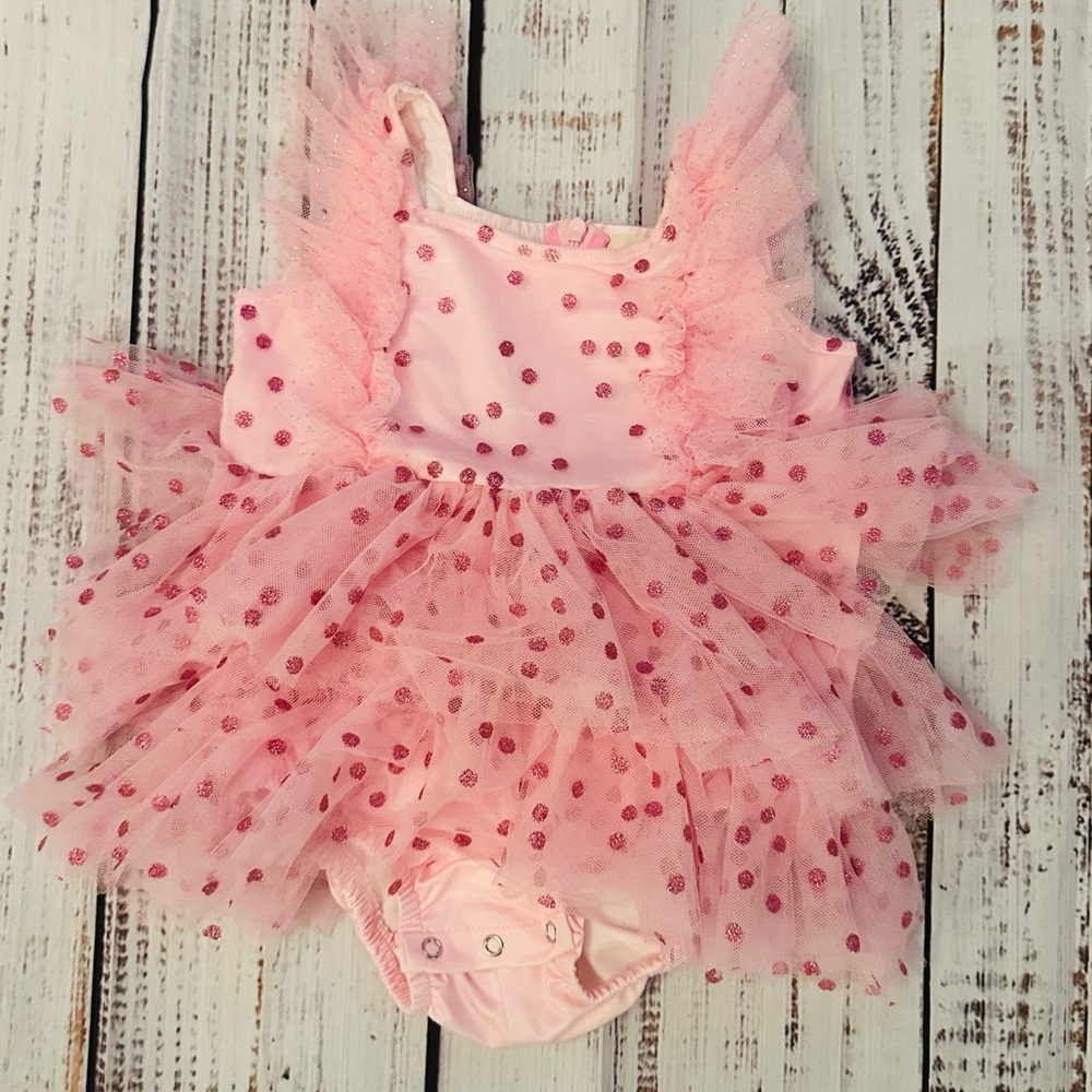 Marie Nicole Pink Polka Dot Tulle Baby Dress